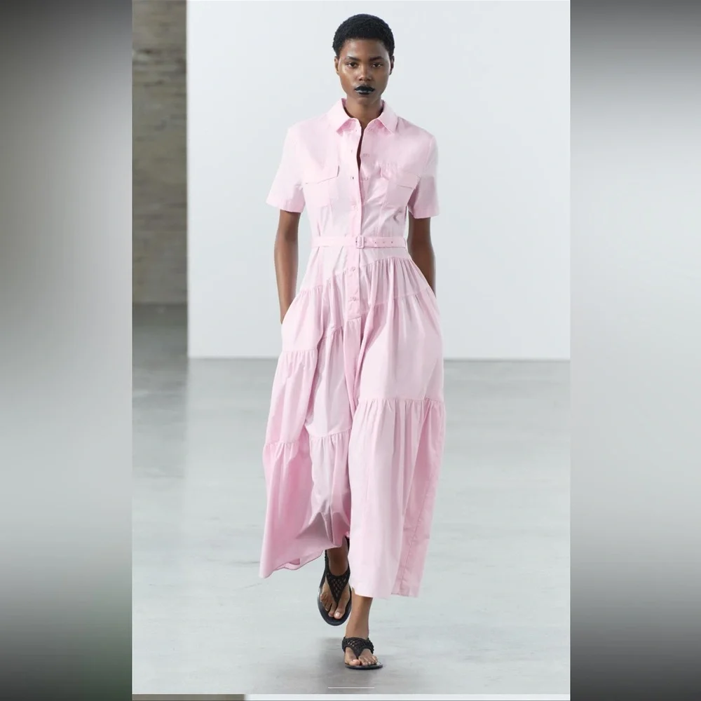 Zara ZW COLLECTION POPLIN SHIRTDRESS, pastel  pink, cotton, tiered